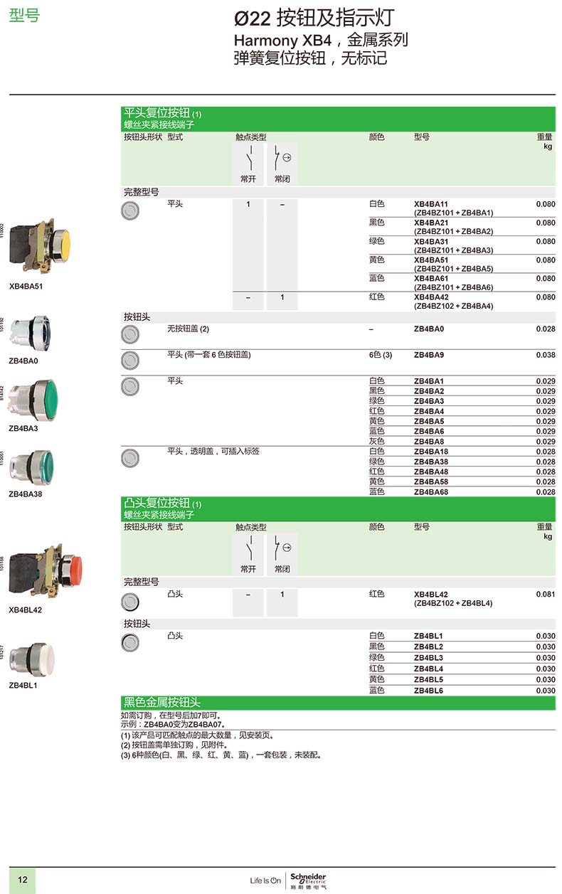 施耐德?22 进口金属按钮指示灯XB4系列型号表